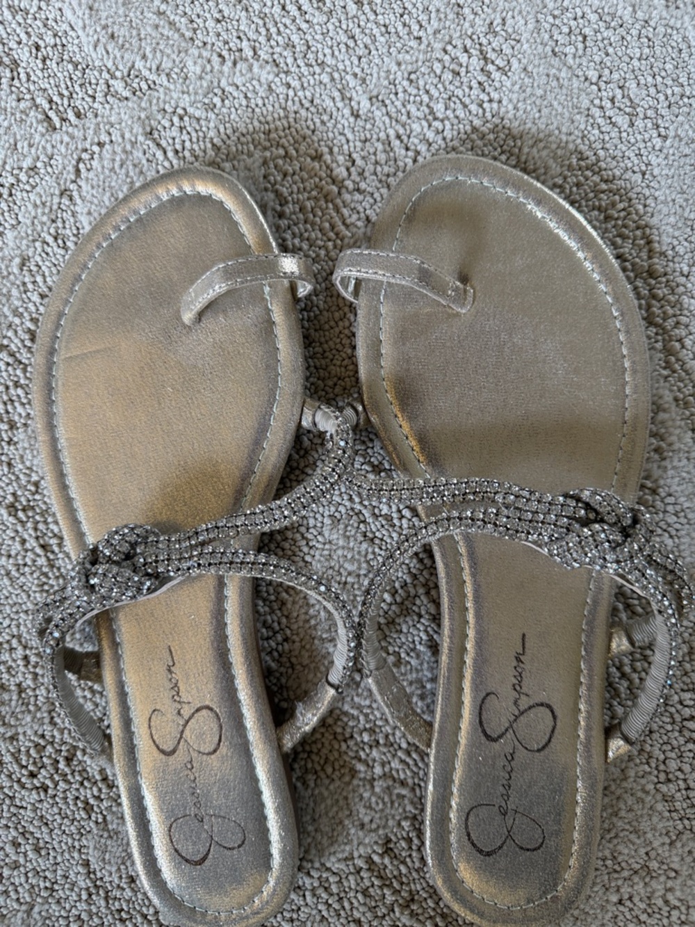 Jessica Simpson Metallic Gold Rhinestone Strap Toe-Loop Sandals